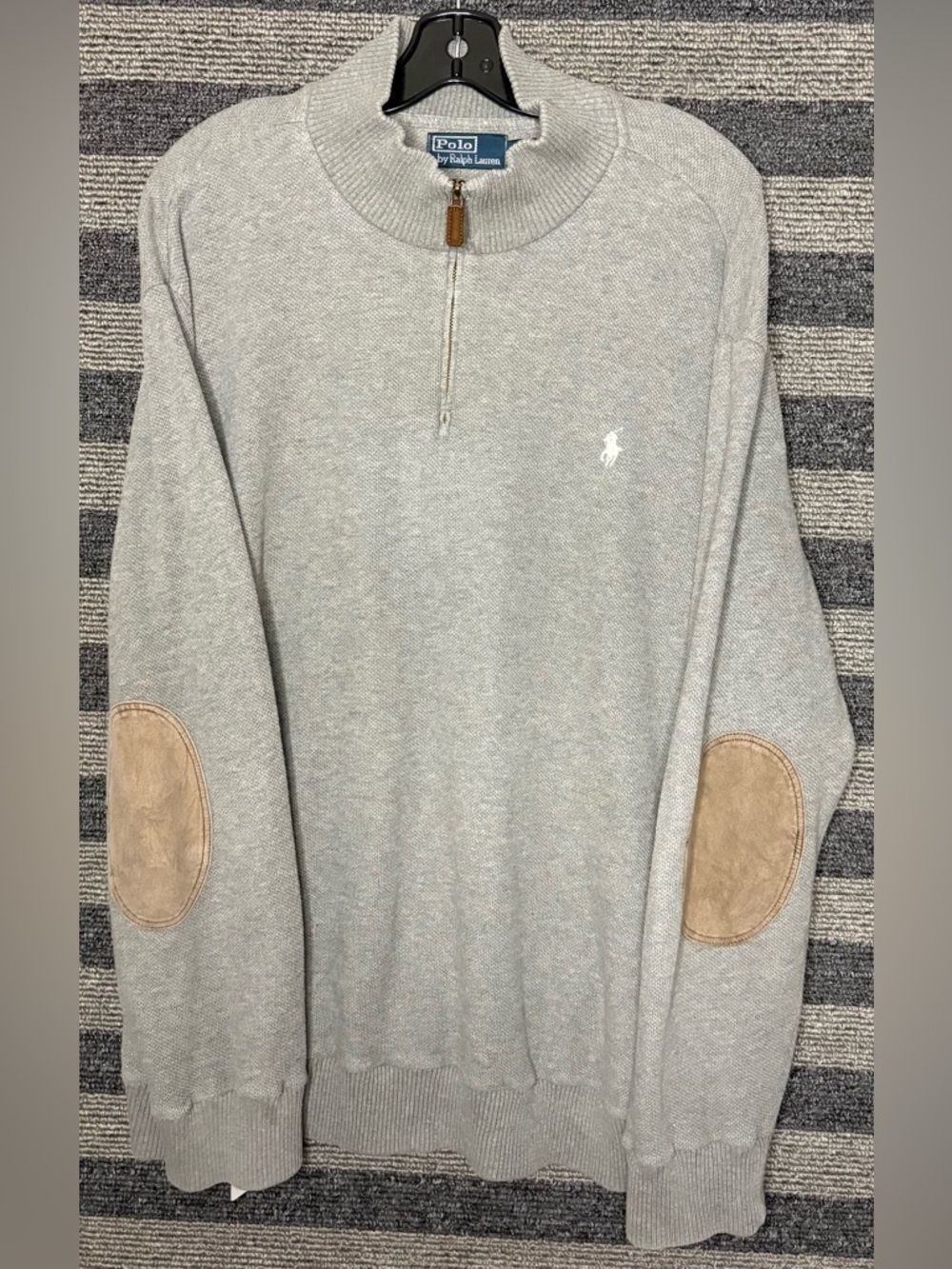 Polo Ralph Lauren Men’s Gray Quarter-Zip Pima Cotton Sweater Elbow Patches XXL